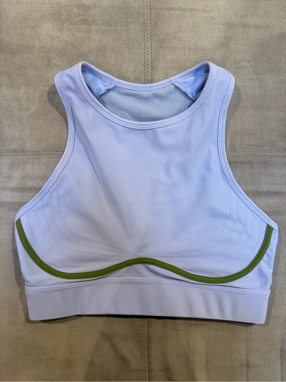 Fabletics Lavender High-Neck Sports Bra Top with Olive Green Trim